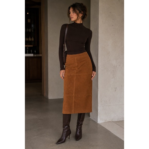 In February Dresses & Skirts - In February Faux Suede Midi Skirt Camel Brown Paneled Pencil Skirt Small
